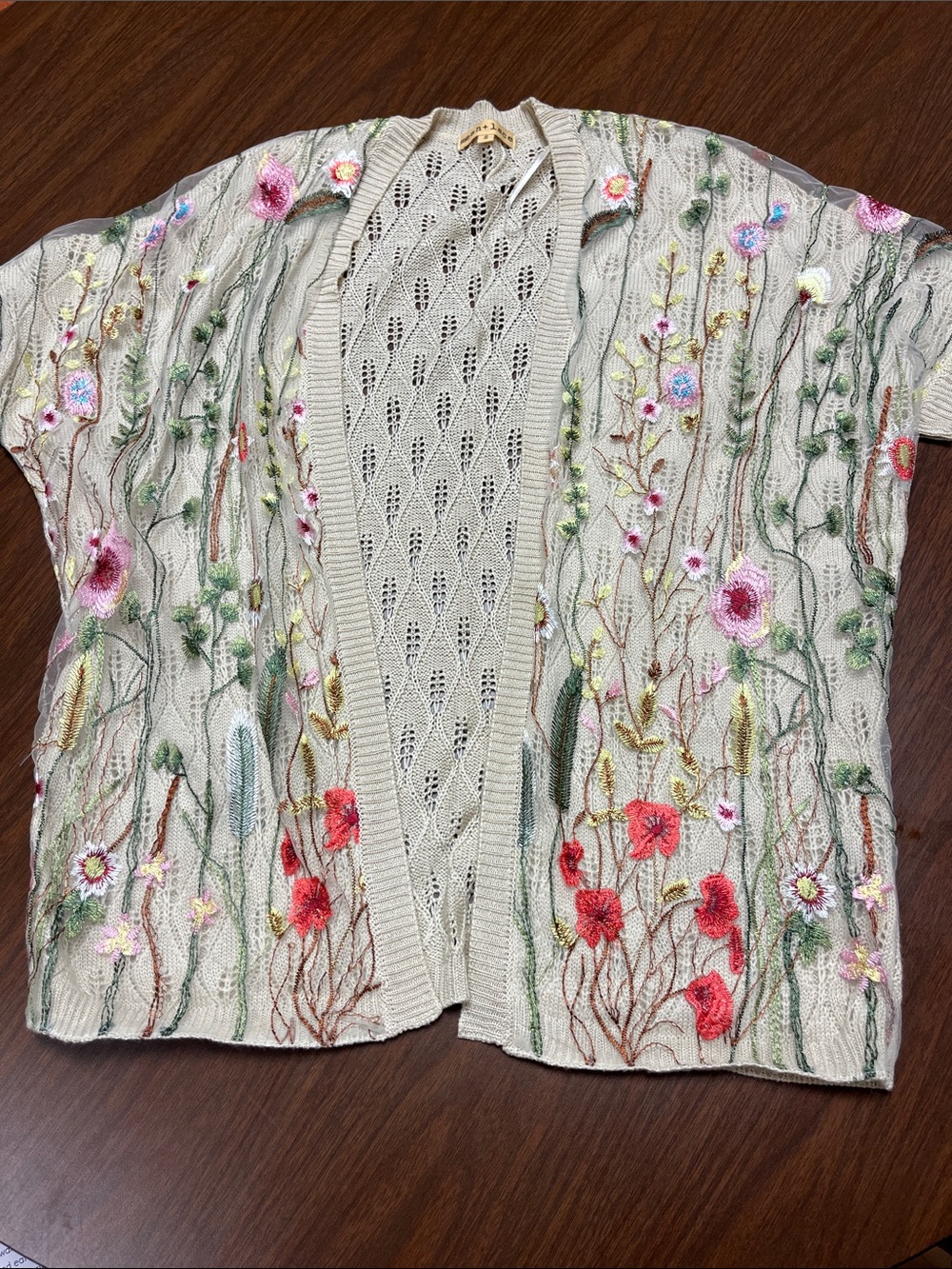 Mesh + Lace Beige Floral Embroidered Open-Front Women’s Cardigan, size small